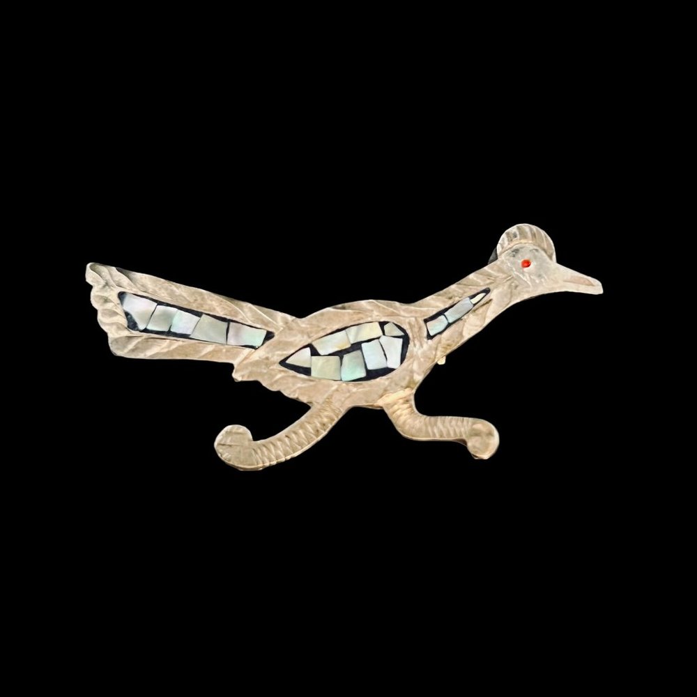 Vintage Heco En Mexico Sterling Silver & Abalone Shell Road Runner Brooch (5014)